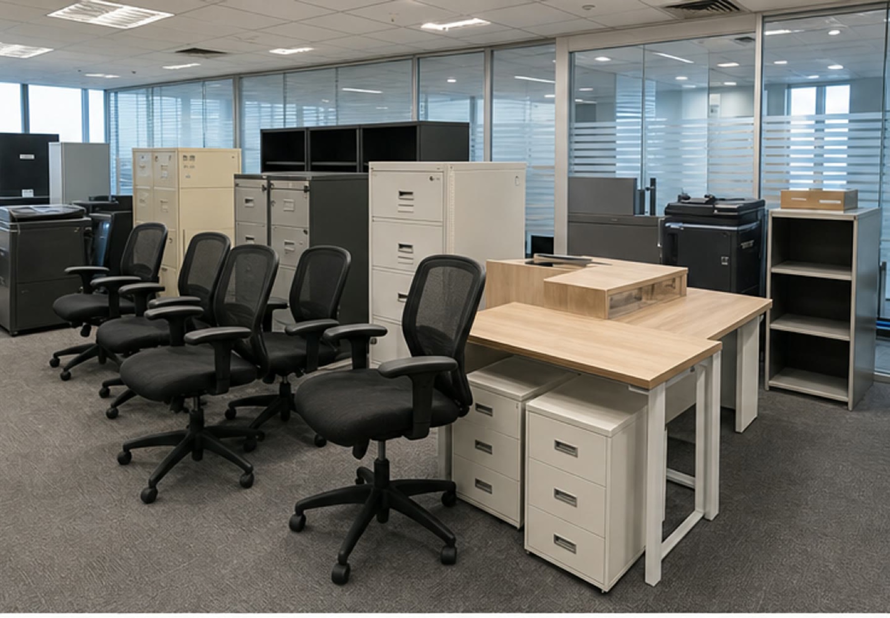 Staged office furniture prepared for commercial relocation and floor-plan placement
